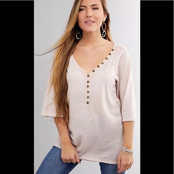 Free People Morgan Henley Top slouchy off shoulder Shirt buttons cream beige L - Picture 1 of 11